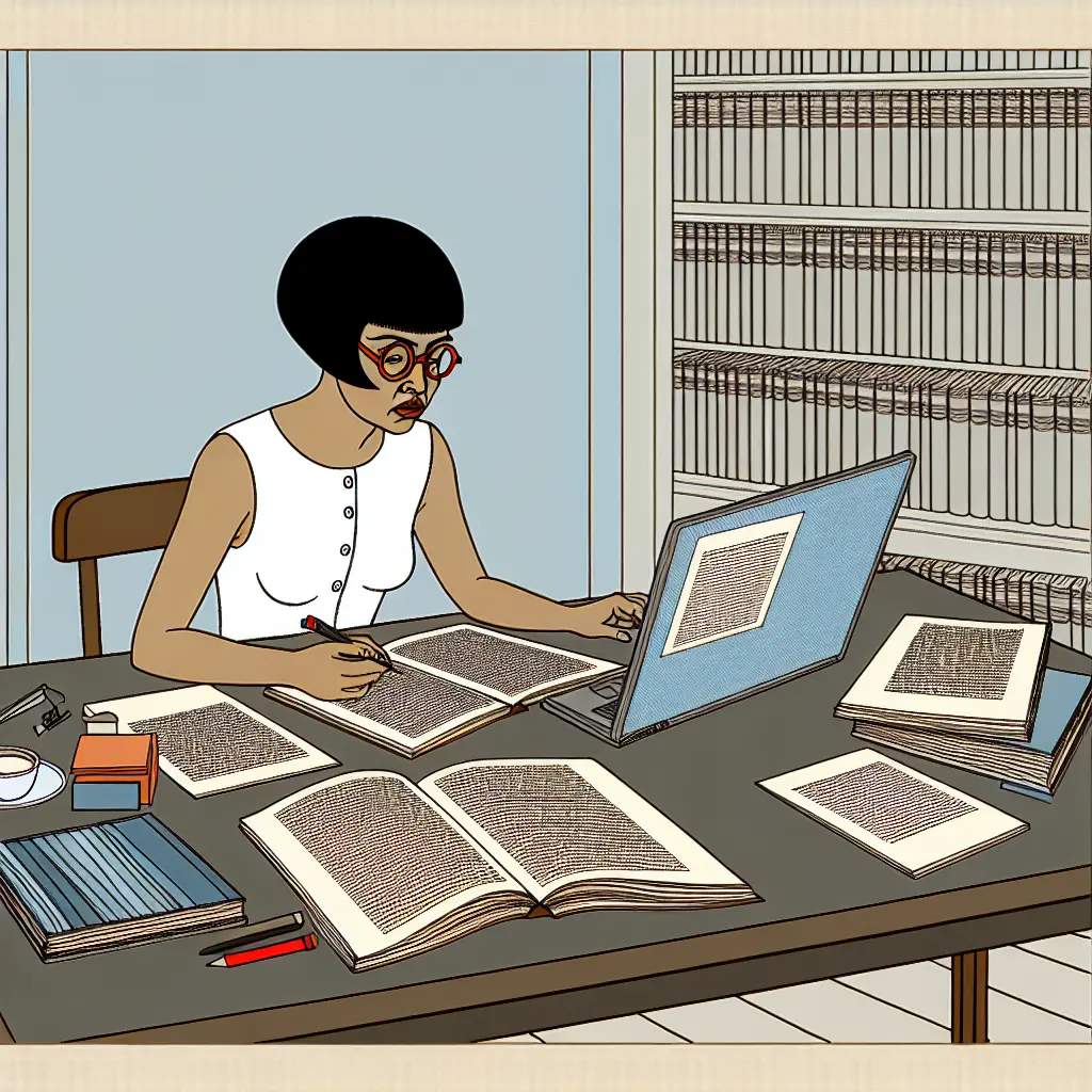 Investigador trabajando meticulosamente en la bibliografía de su tesis doctoral