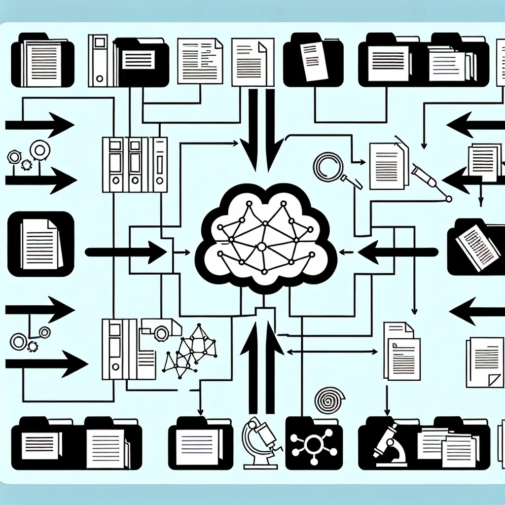 Red neural de inteligencia artificial conectando diferentes tipos de documentos académicos de forma automatizada