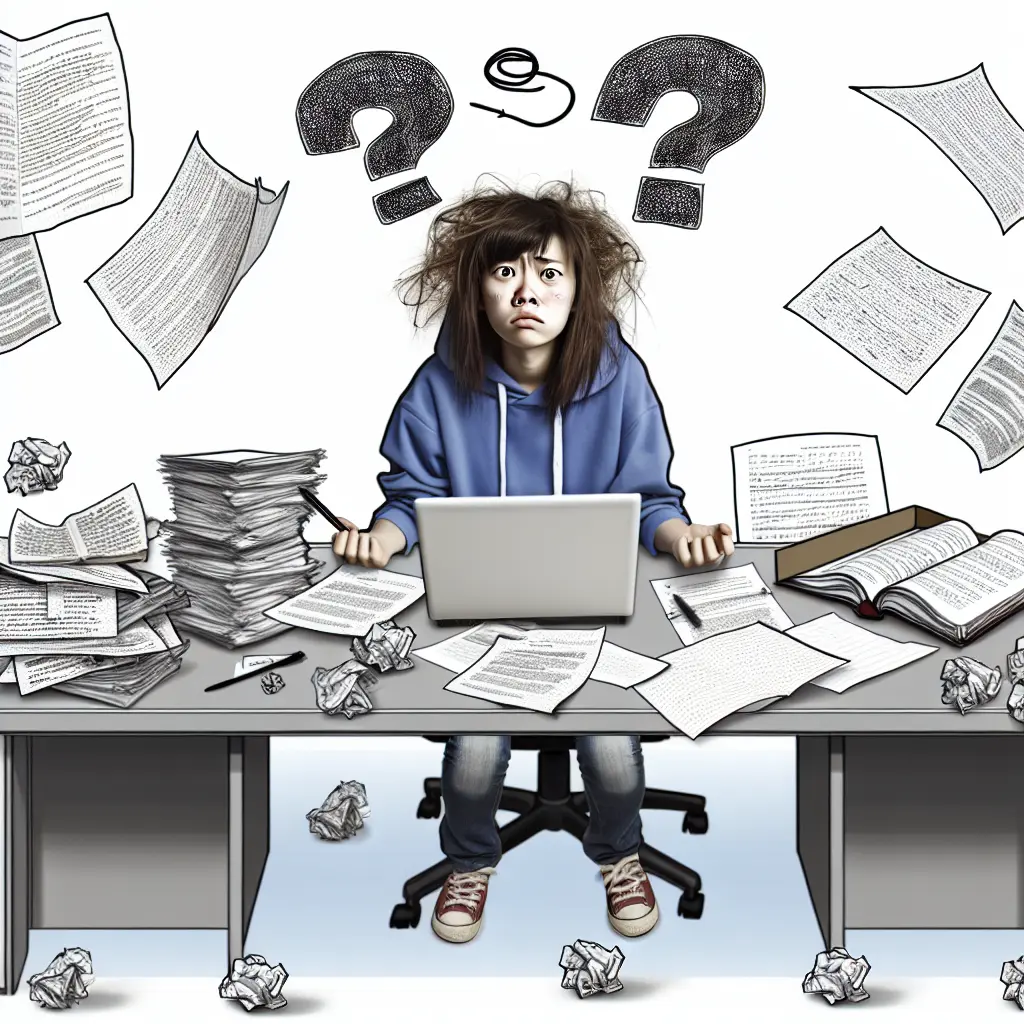 Estudiante universitario rodeado de libros y documentos, mostrando confusión al intentar definir su problema de investigación