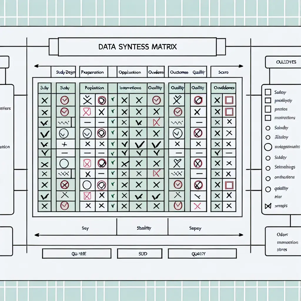 Matriz visual de síntesis de datos mostrando la relación entre estudios, temas y evidencia