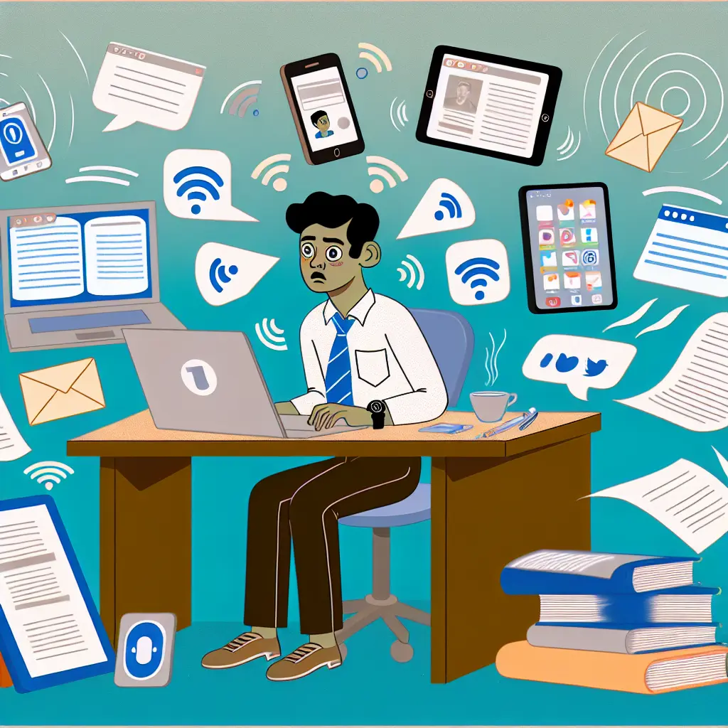 Estudiante universitario en su habitación rodeado de múltiples dispositivos tecnológicos encendidos - laptop, tablet, smartphone - mientras intenta concentrarse en documentos de tesis, mostrando la realidad de las distracciones digitales modernas