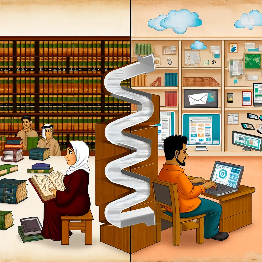 Evolución visual de las bibliotecas tradicionales a las plataformas digitales modernas con interfaces de búsqueda académica