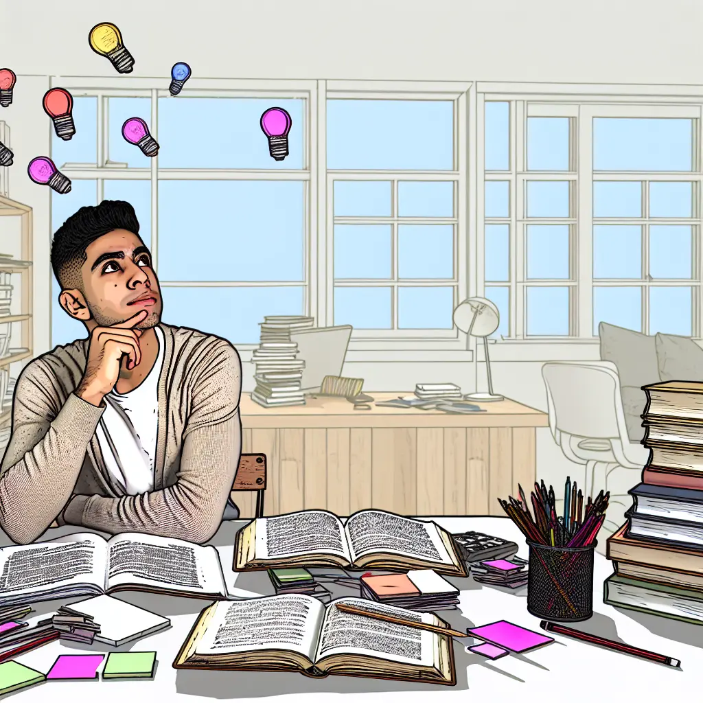 Estudiante concentrado reflexionando sobre posibles temas de tesis en su escritorio