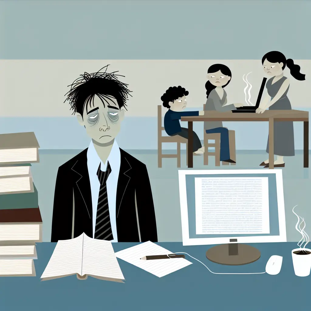 Estudiante exhausto trabajando en computadora mientras familia espera en segundo plano