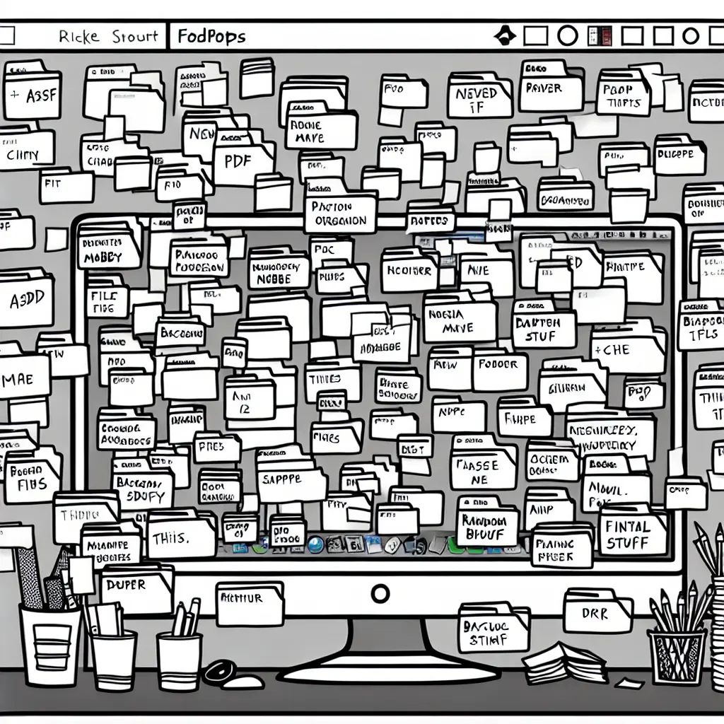 Escritorio de computadora saturado con carpetas sin nombre coherente y archivos dispersos