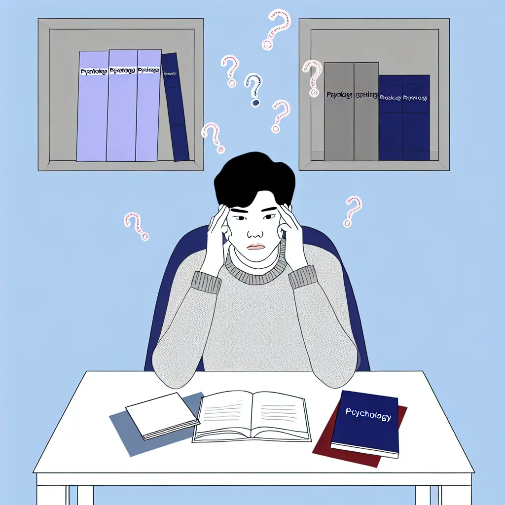 Estudiante de psicología mostrando frustración frente a documentos de investigación