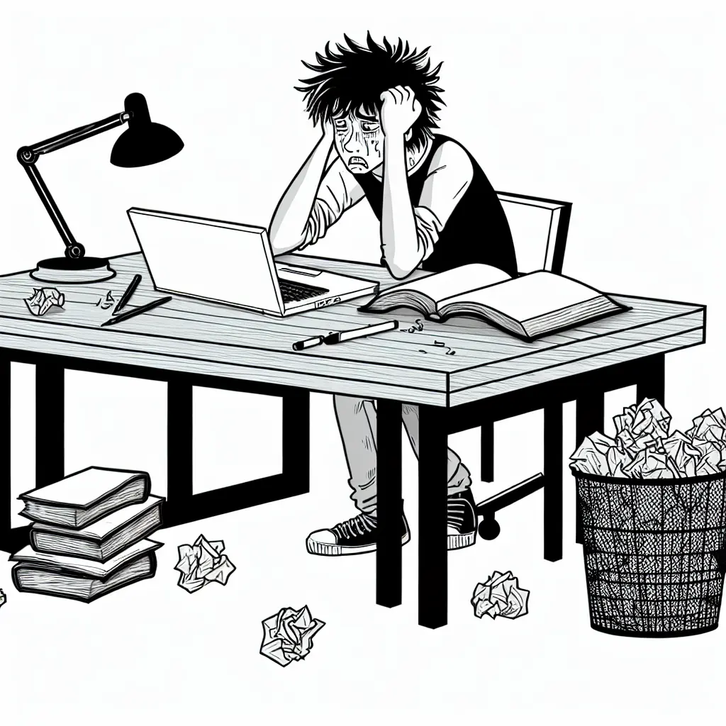 Estudiante universitario frustrado frente a su escritorio con libros y laptop