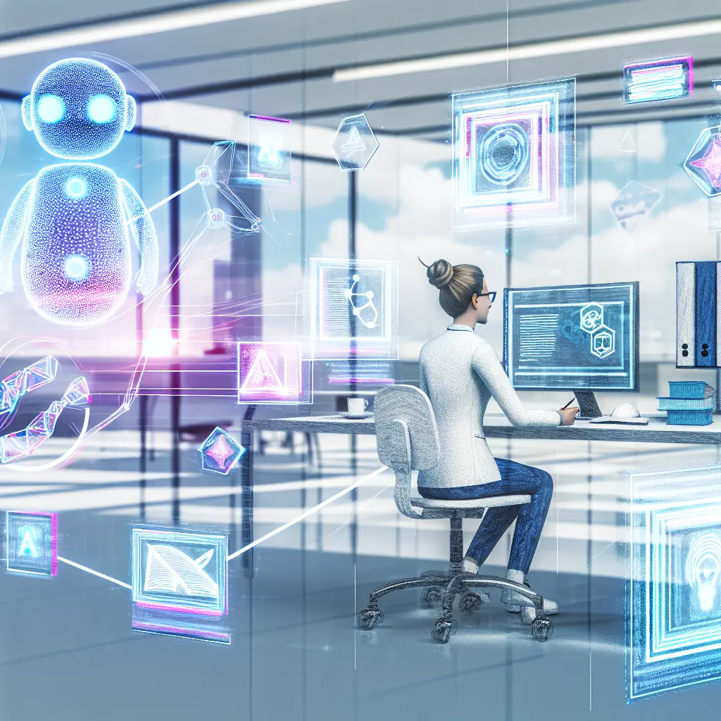 Representación visual de investigadores colaborando con sistemas de inteligencia artificial en un entorno académico moderno