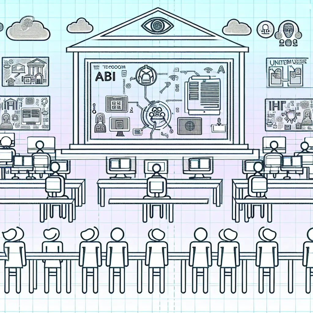Gráfico futurista mostrando las tendencias emergentes en educación superior con iconos de IA, estudiantes y tecnología educativa