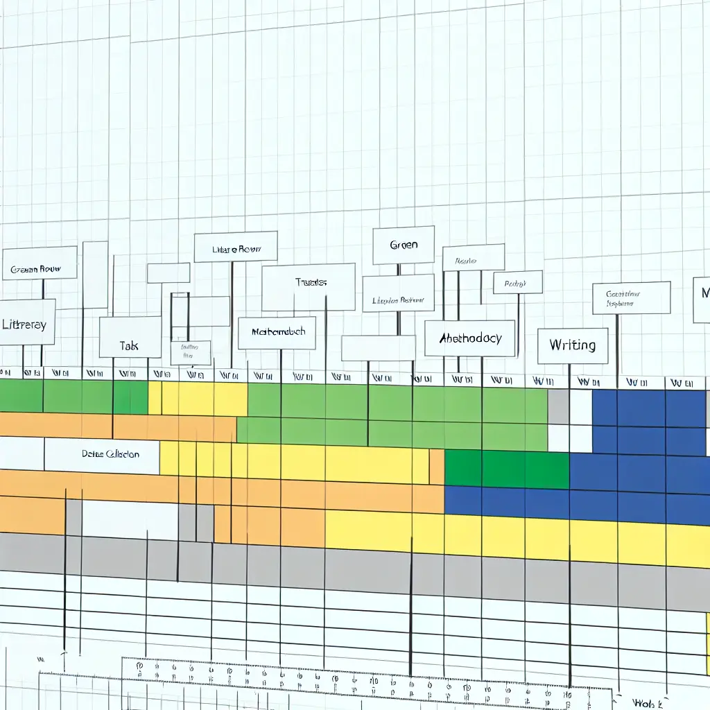 Ejemplo visual de un cronograma Gantt aplicado a una tesis universitaria, mostrando las fases principales de investigación distribuidas en el tiempo