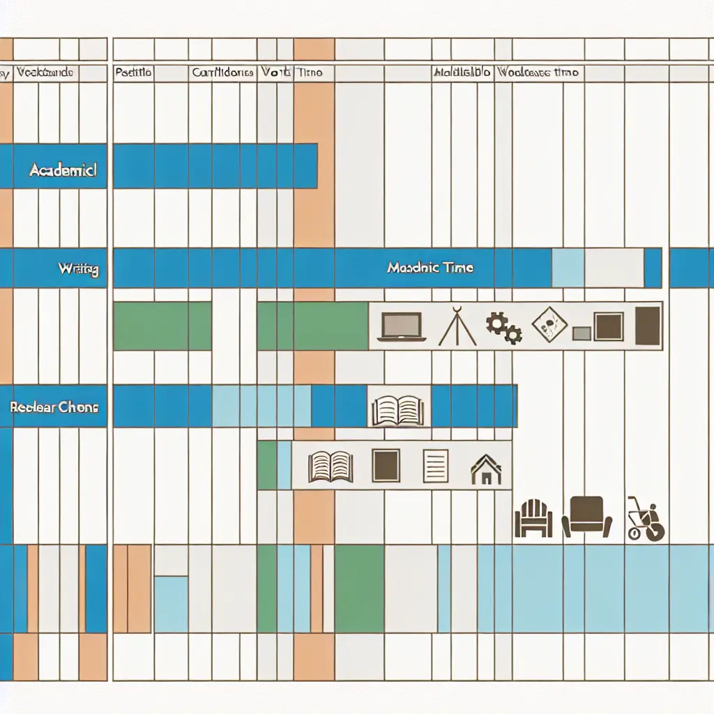 Diagrama Gantt simple mostrando bloques de trabajo académico alternados con tiempo familiar protegido