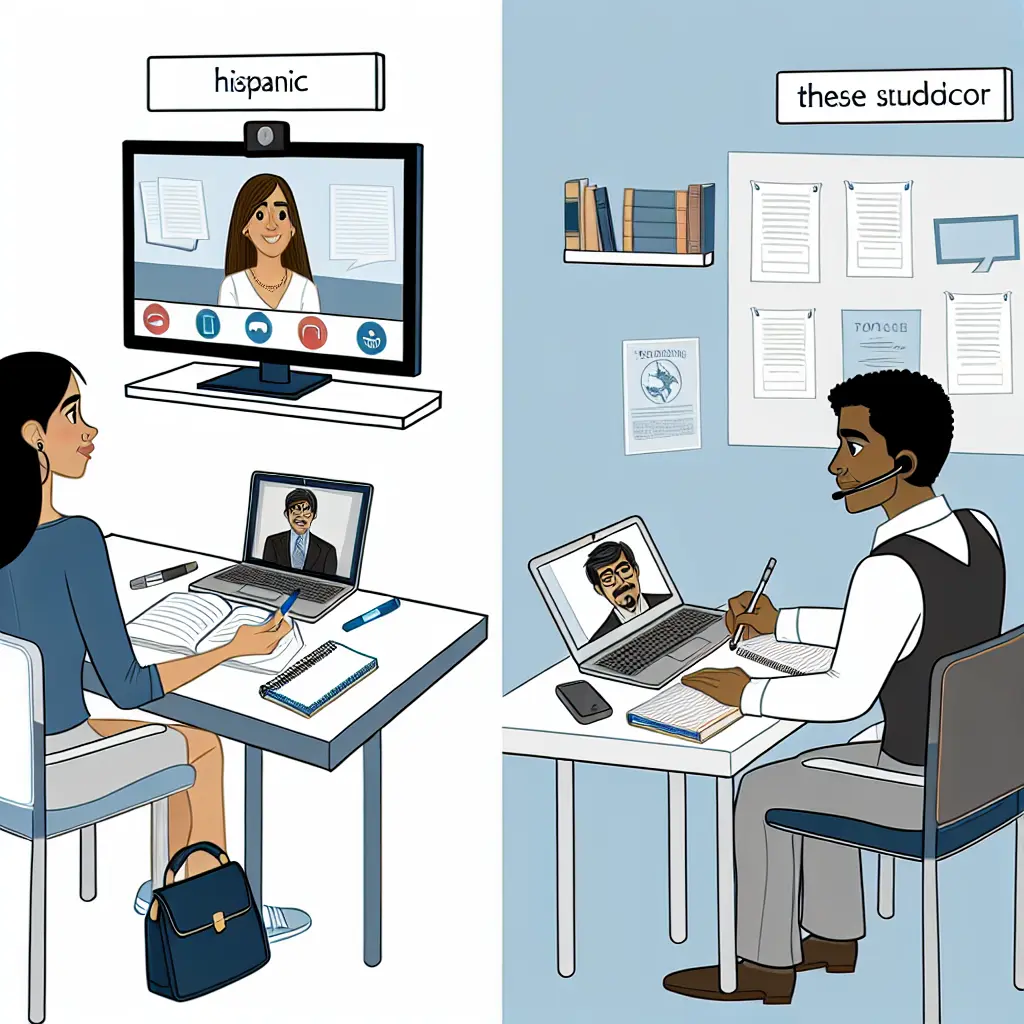 Pantalla dividida mostrando reunión híbrida entre director presencial y estudiante conectado virtualmente