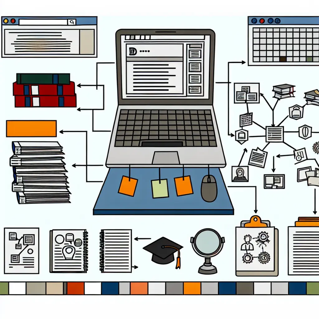 Mesa de trabajo organizada con herramientas digitales para investigación bibliográfica sistemática