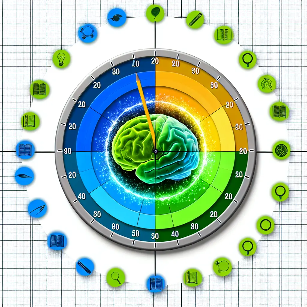 Reloj circular mostrando ciclo de 90 minutos con cerebro en máxima concentración