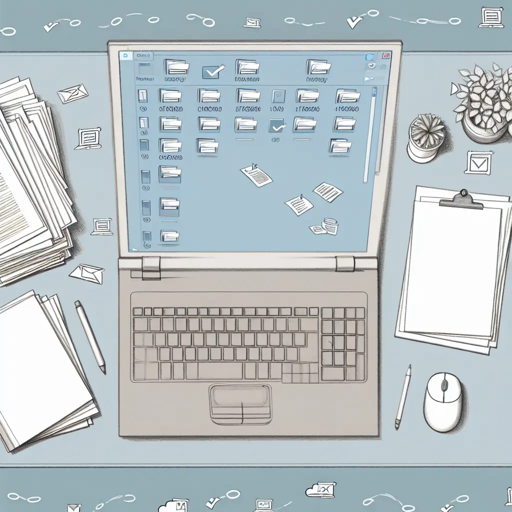 Escritorio minimalista con laptop mostrando sistema de carpetas perfectamente organizadas y documentos sincronizados