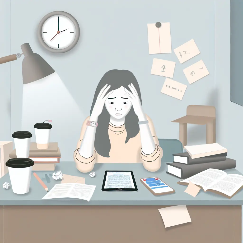 Estudiante mostrando signos de procrastinación con libros apilados y una expresión de estrés