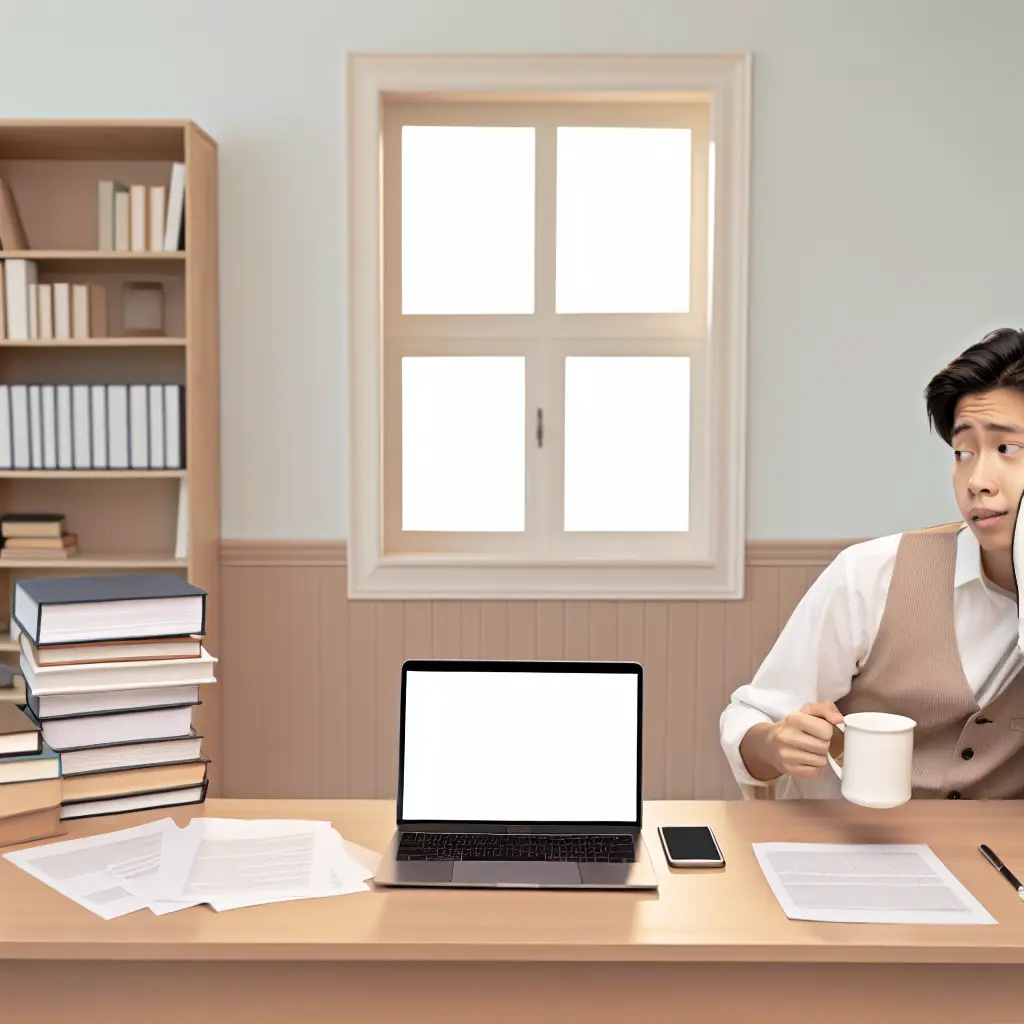 Un estudiante universitario sentado en su escritorio, rodeado de libros y documentos, pero con la mirada perdida mientras sostiene su teléfono móvil, representando el momento de procrastinación antes de empezar la tesis