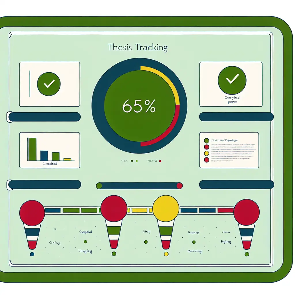 Dashboard digital mostrando métricas de progreso de tesis con gráficos de avance y indicadores de rendimiento