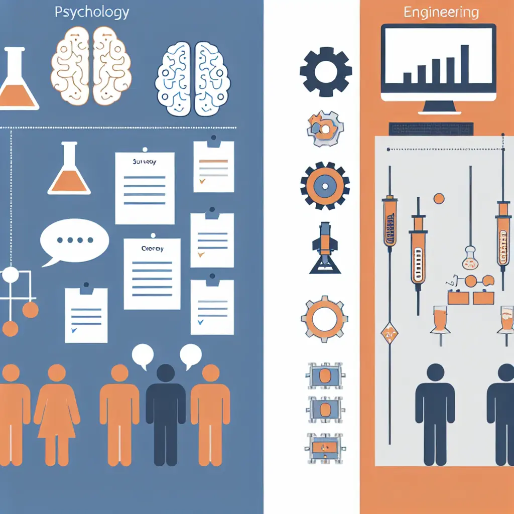 Comparación visual entre metodologías de psicología e ingeniería mostrando diferentes enfoques de investigación