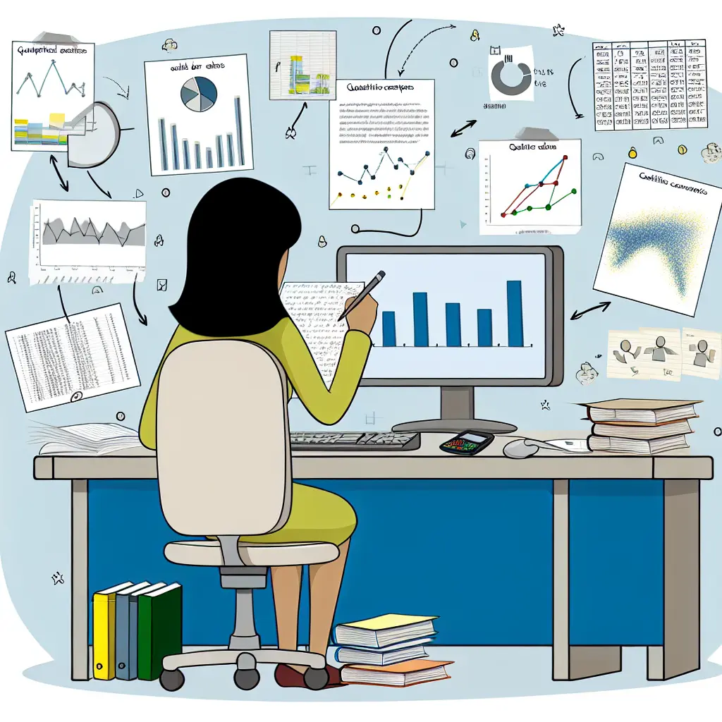 Investigador universitario analizando datos cuantitativos y cualitativos con gráficos estadísticos