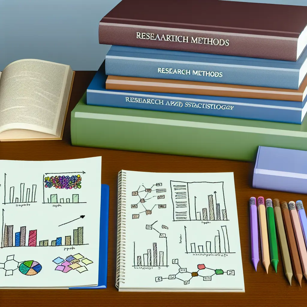 Libros académicos de metodología de investigación junto a gráficos estadísticos y datos