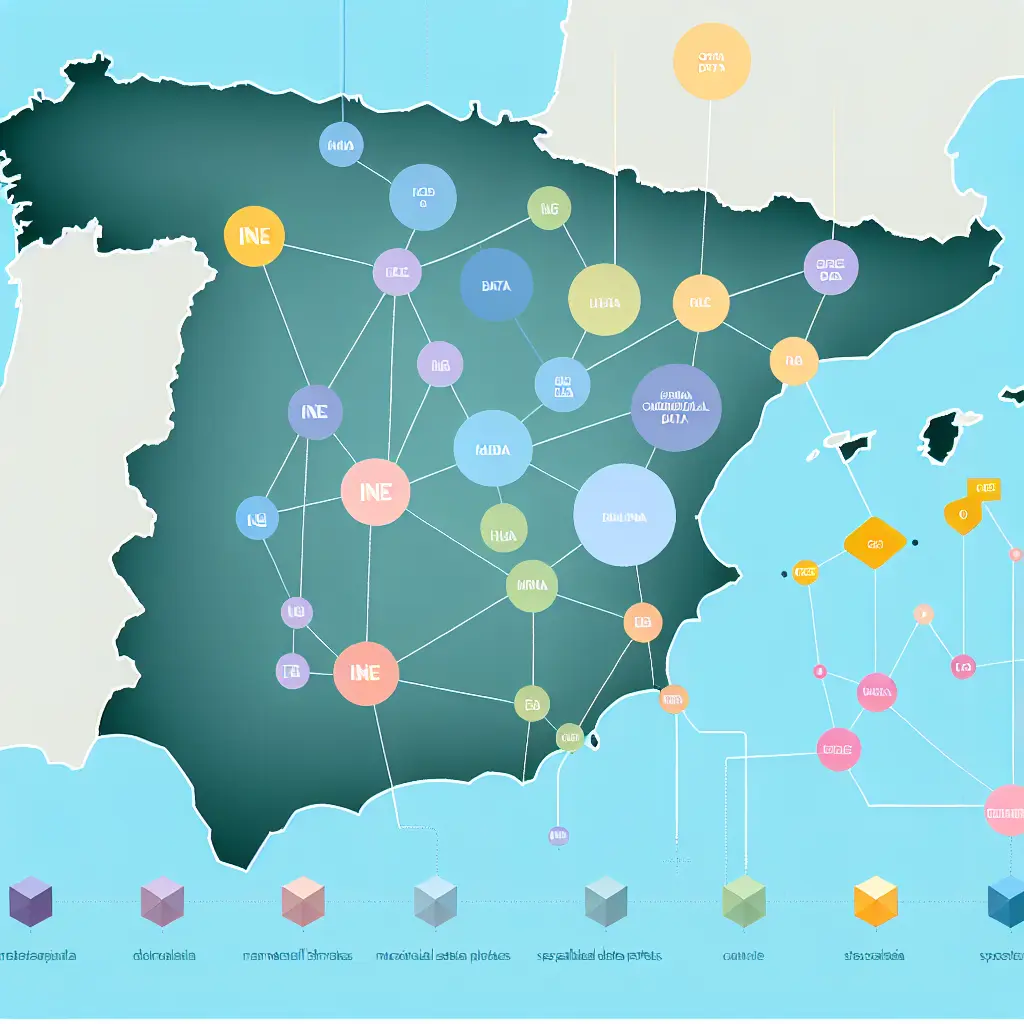 Mapa visual del ecosistema de datos oficiales españoles con múltiples fuentes interconectadas
