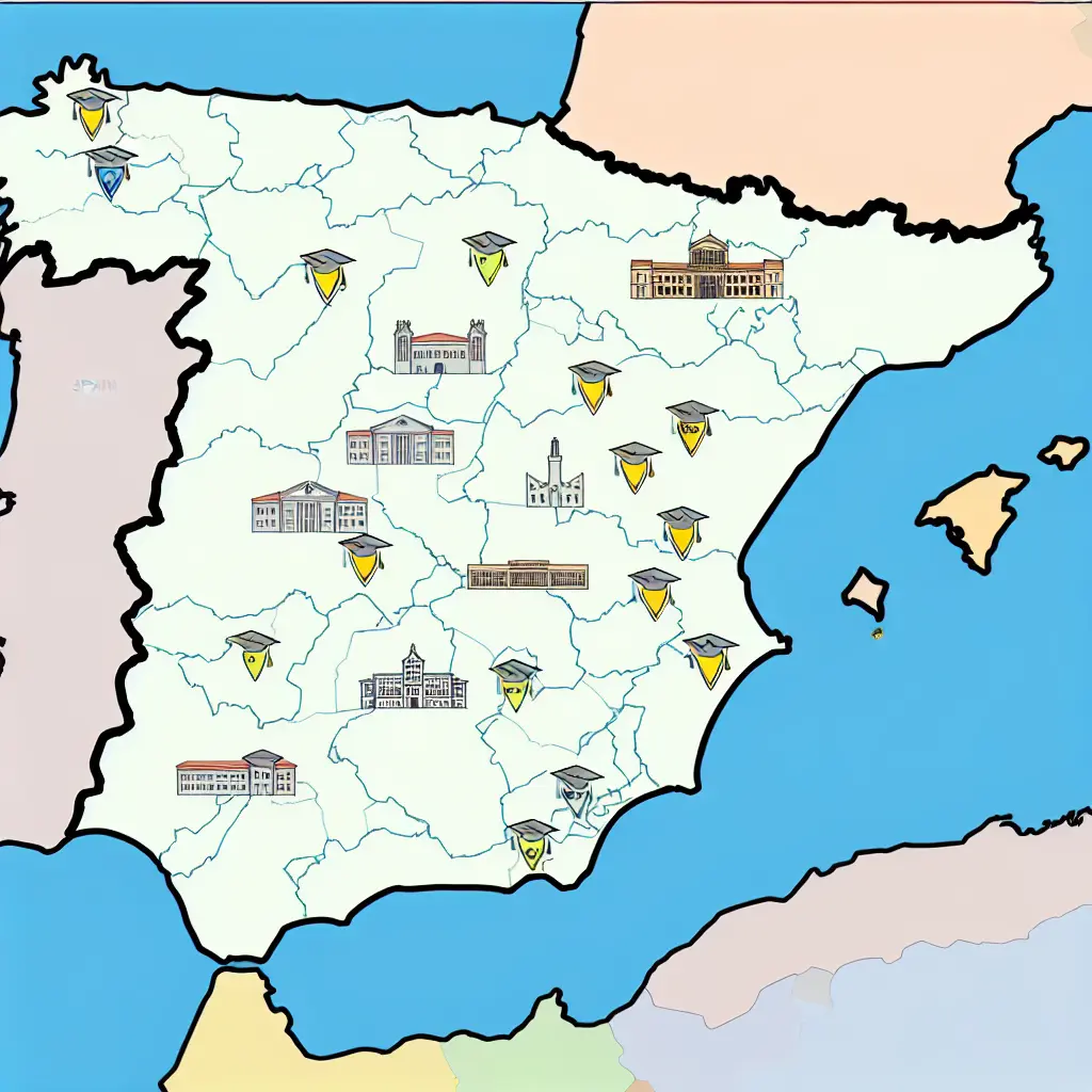 Mapa interactivo de España mostrando las universidades que han implementado declaraciones obligatorias de IA en diferentes colores según su nivel de exigencia
