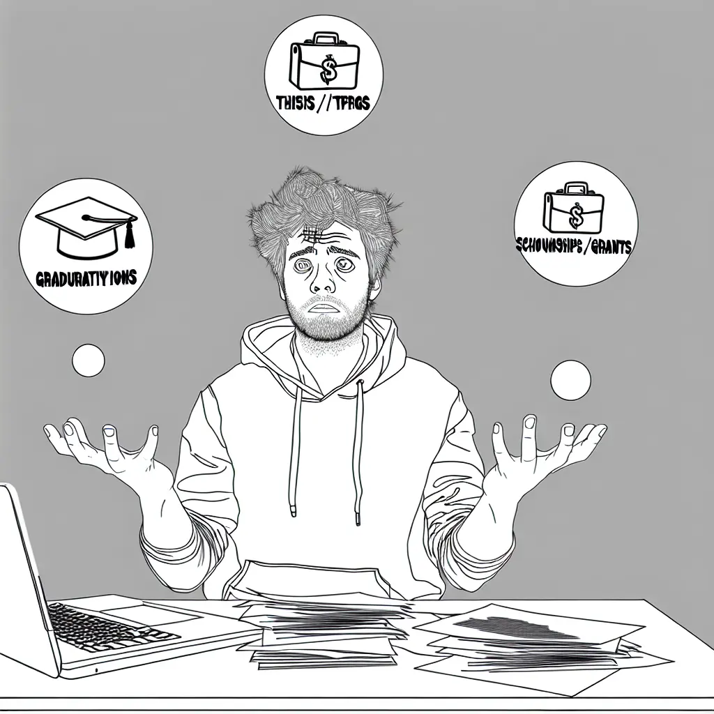 Estudiante universitario gestionando múltiples tareas académicas: laptop con TFG abierto, documentos de prácticas y formularios de becas