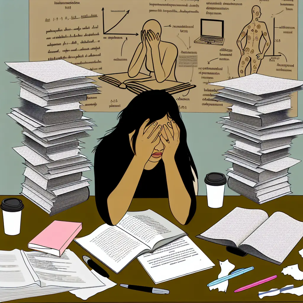 Estudiante universitario abrumado rodeado de papers académicos y libros de investigación