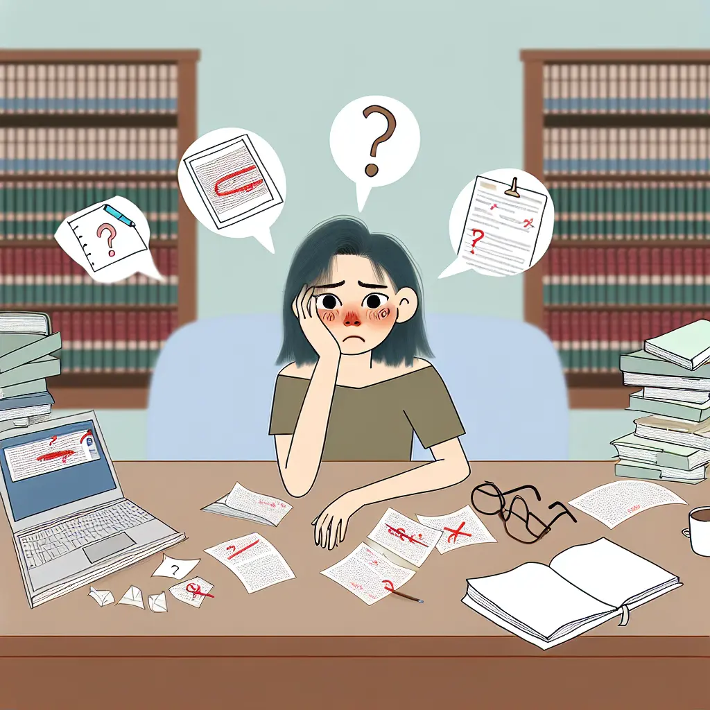 Estudiante universitario frente a una pantalla rodeado de libros y documentos, mostrando la complejidad de la investigación académica