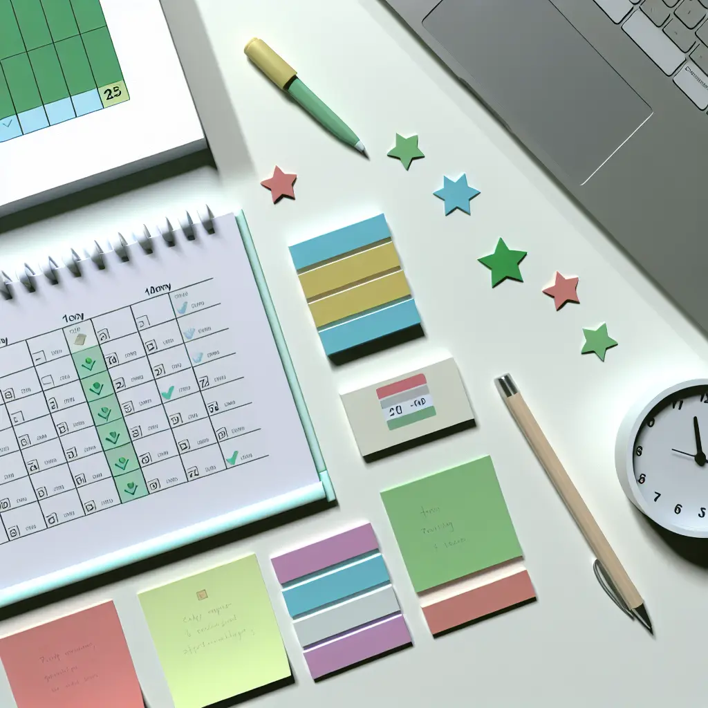 Infografía visual mostrando un plan de acción paso a paso para superar la procrastinación académica, con iconos de checklist, calendario y símbolos de progreso ascendente