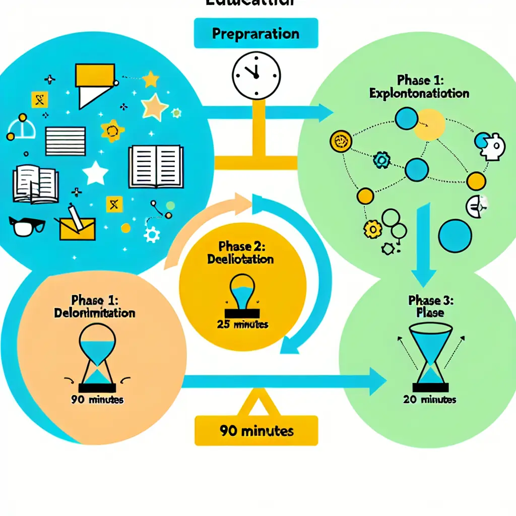 Diagrama detallado de la metodología TESIFY mostrando las cuatro fases principales y sus tiempos específicos en un proceso de 90 minutos