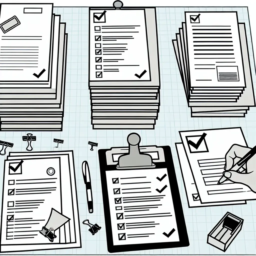 Mesa de trabajo con documentos universitarios, sellos oficiales y formularios organizados
