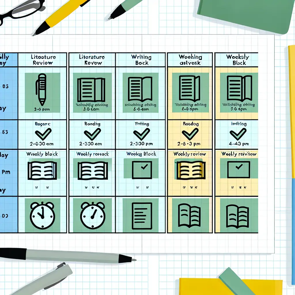 Calendario semanal organizado con rutinas de estudio doctoral estructuradas por bloques